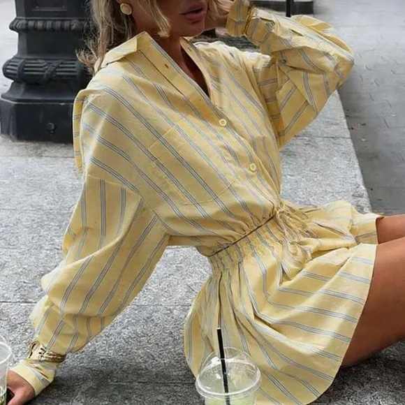 Yellow Striped Contrast Slimming Shirt, Pleated  Shorts, 2 Piece Set, - Picture 4 of 4